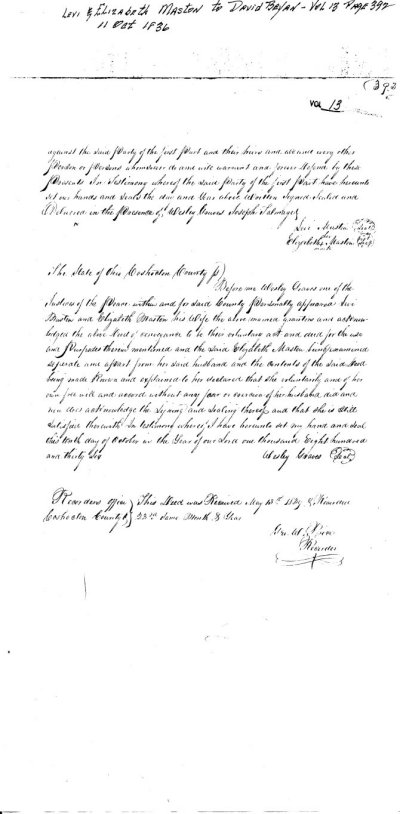 Deed of Sale on land owned by Levi and Elizabeth Masten -1836
				Coshocton County Ohio